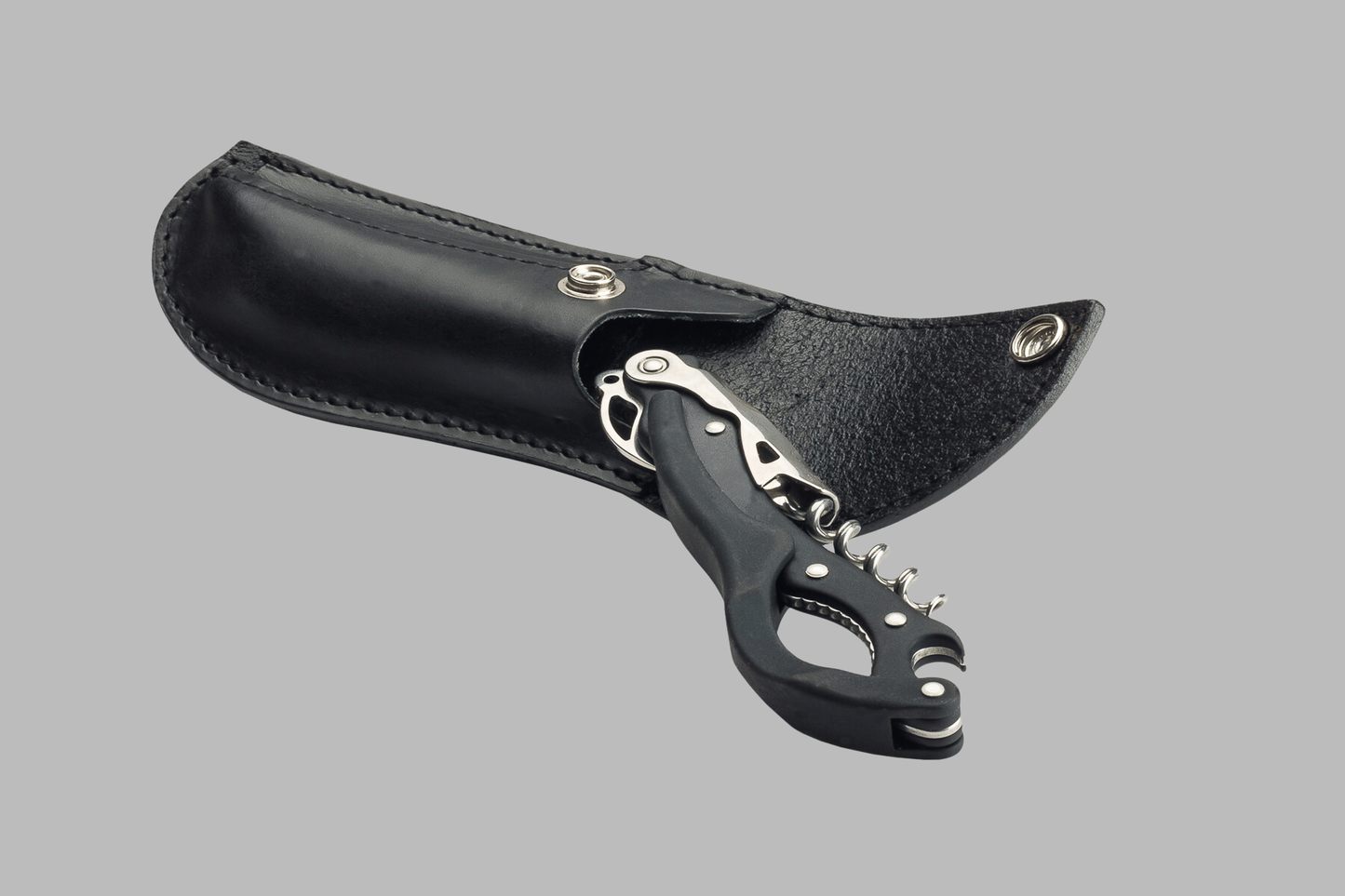 Morgan King Multi-Opener, Corkscrew, Bottle Opener, and Champagne Cork Removal Tool ( Black ) in Leather Sheath