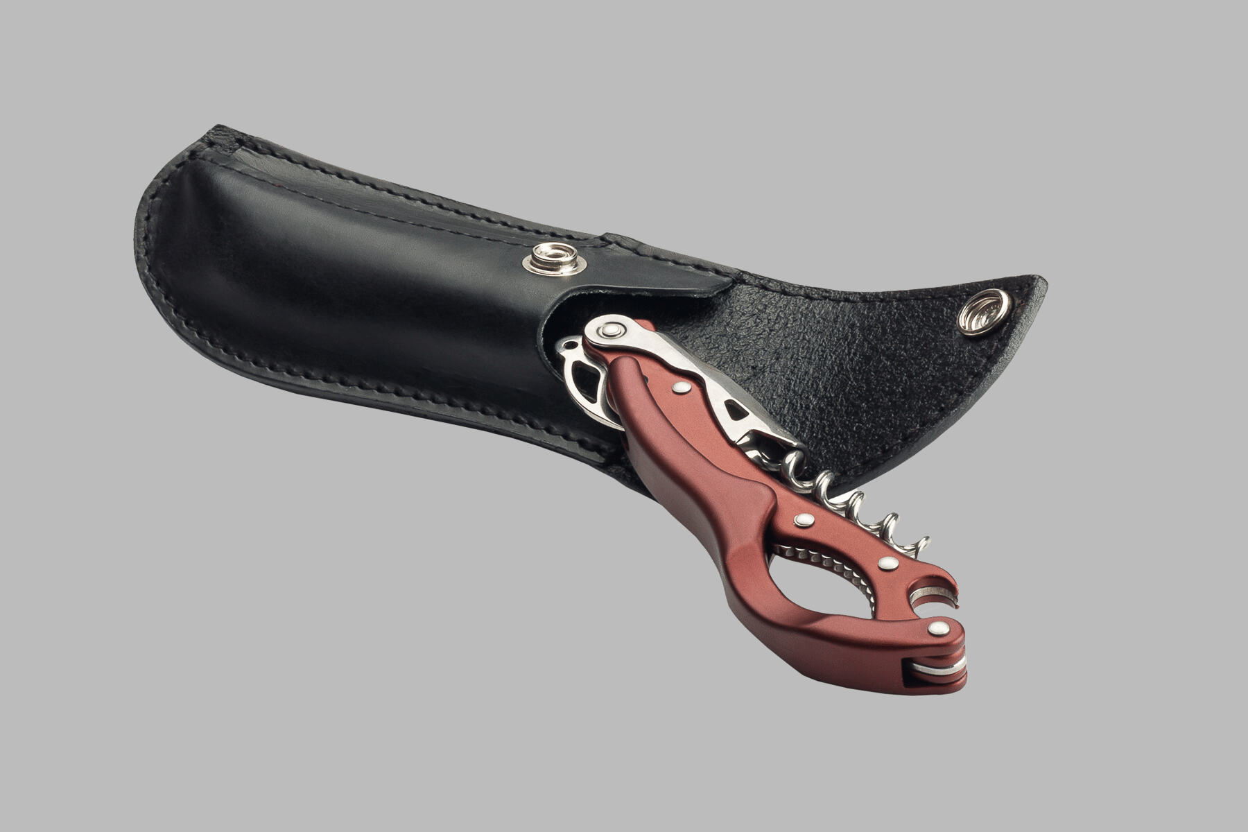 Morgan King Multi-Opener, Corkscrew, Bottle Opener, and Champagne Cork Removal Tool ( Burgundy )  in Leather Sheath