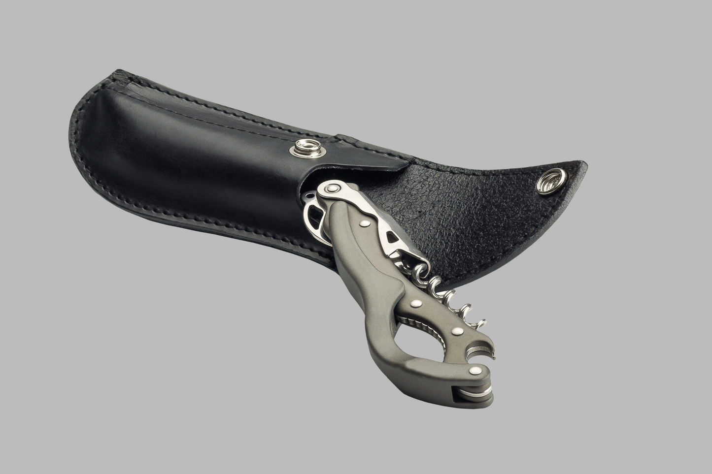 Morgan King Multi-Opener, Corkscrew, Bottle Opener, and Champagne Cork Removal Tool ( Titanium ) in Leather Sheath