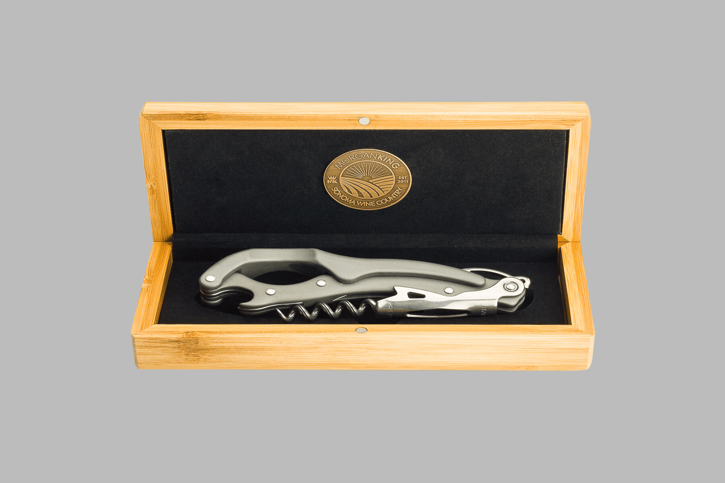 Morgan King Multi-Opener, Corkscrew, Bottle Opener, and Champagne Cork Removal Tool ( Titanium )  in Presentation Box